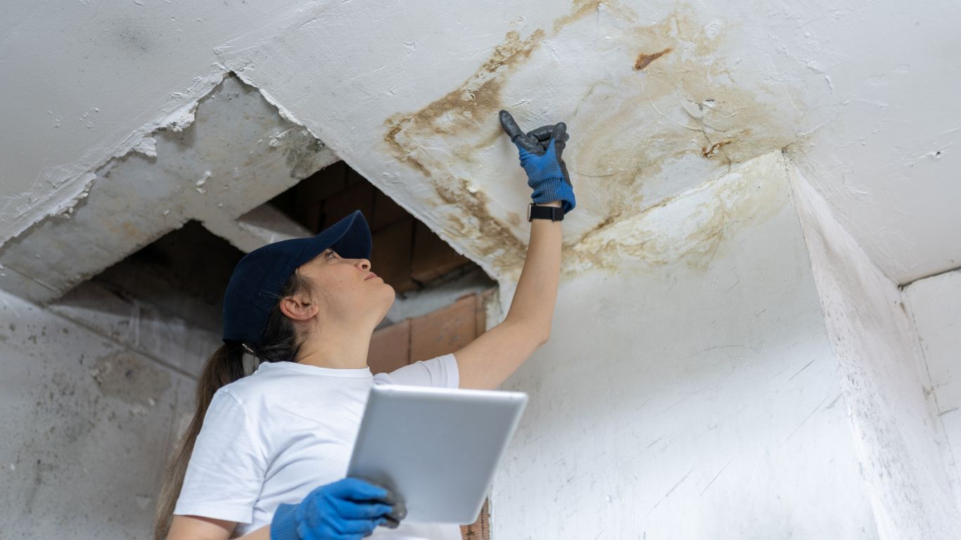 What to Expect During Water Damage Restoration in Worcester Professional inspection of ceiling water damage during water damage restoration in Worcester.