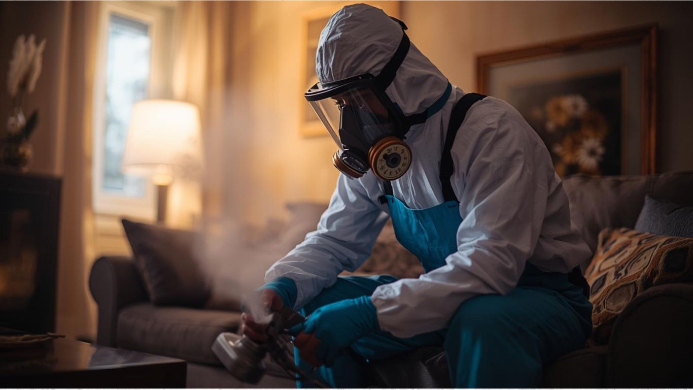 Fresh Starts Begin with Proper Odor Removal and Peace of Mind Restoration technician in protective gear performing residential odor removal treatment