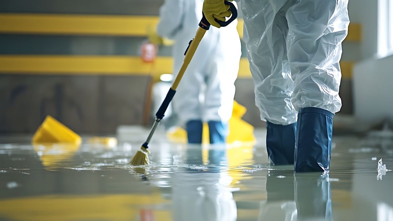 Flood damage restoration professionals cleaning standing water in a commercial building.
