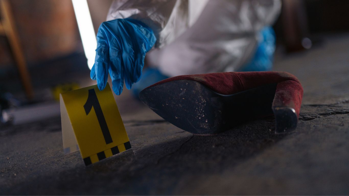Trauma cleanup in bridgewater showing gloved investigator placing an evidence marker beside a shoe at the scene of cleanup operations.