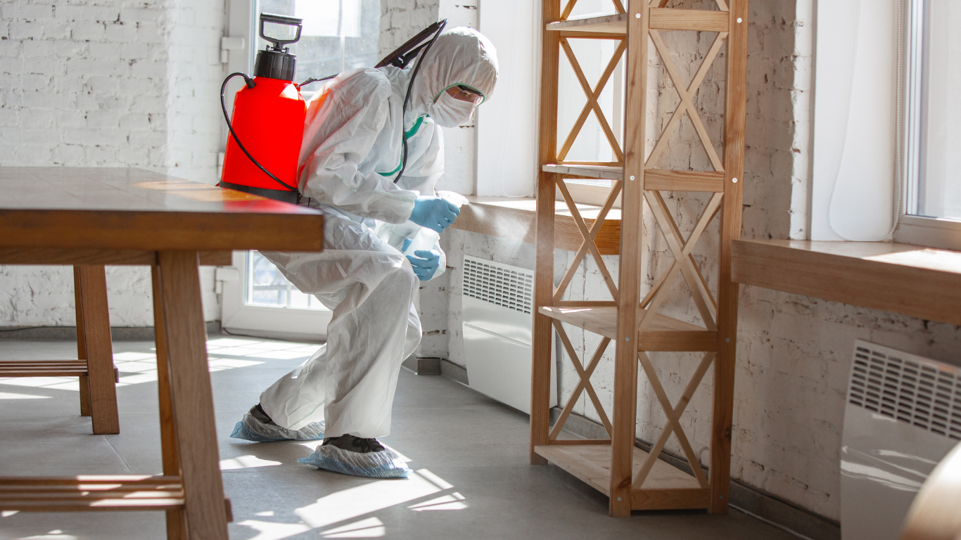 How Professional Odor Removal Improves Your Living Environment A professional cleaner in protective gear disinfects a wooden shelf in a bright, modern room.
