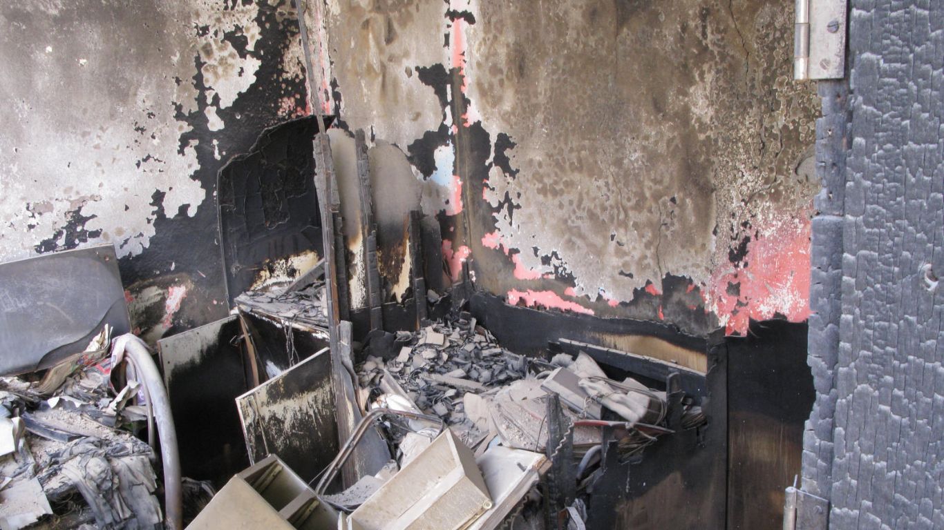 Fire damage restoration in Nashville with blackened walls and debris after a fire incident.
