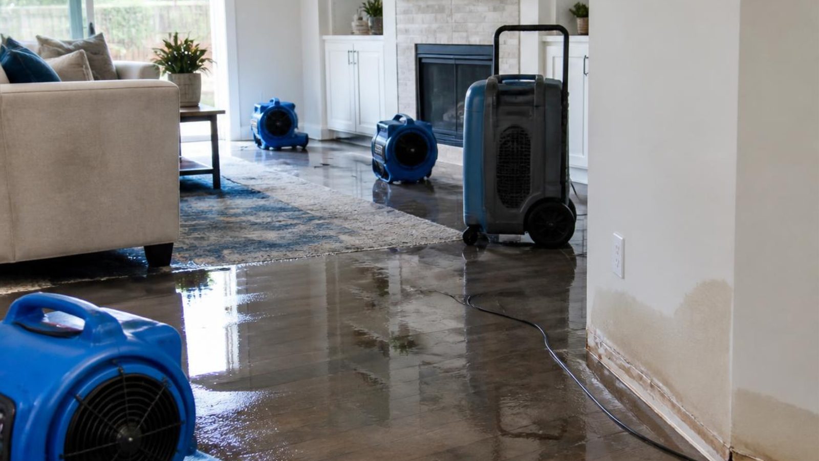 Air movers and a dehumidifier drying a living room after a flood to prevent mold