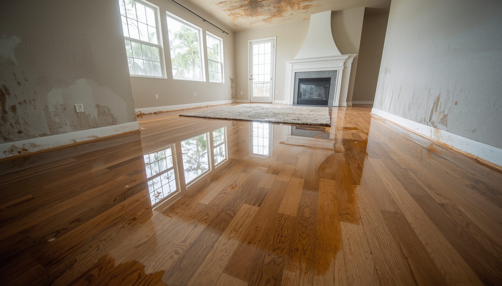 Water pooling across a hardwood living room floor in a San Diego home