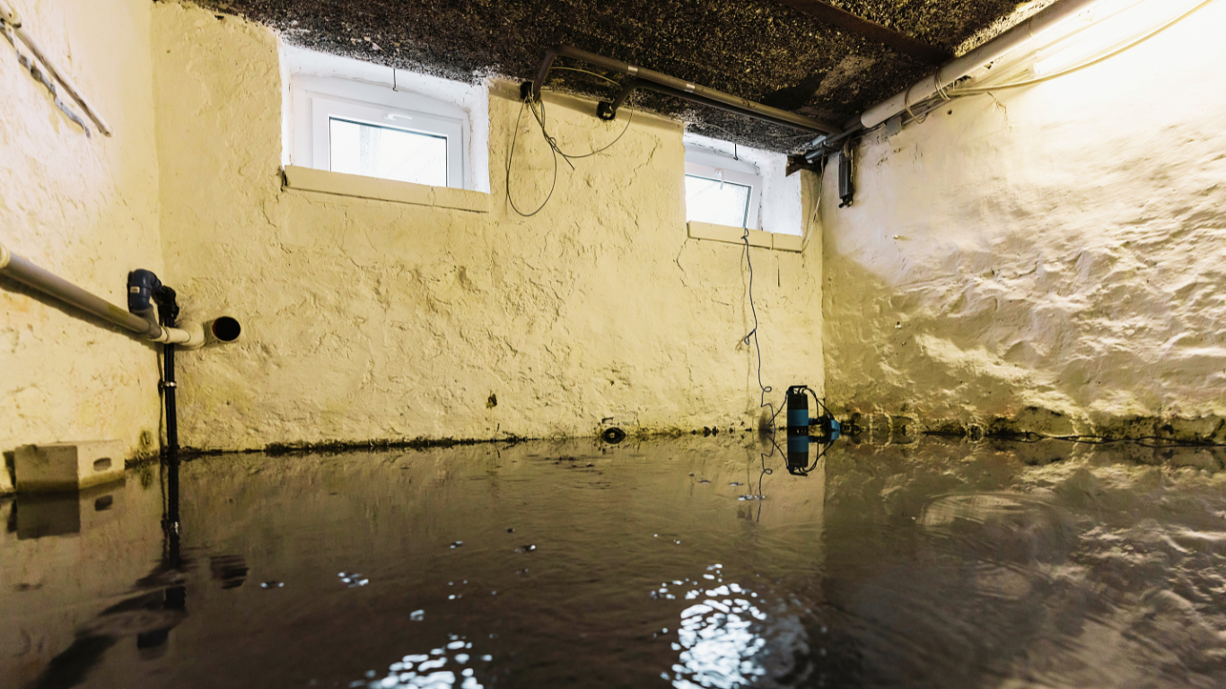A flooded basement with standing water reflecting light, showing walls with pipes and windows, emphasizing the need for restoration.