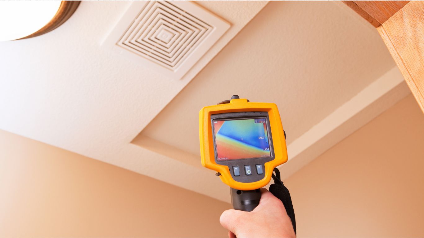 Thermal imaging camera checking ceiling for leak detection in Wellington.