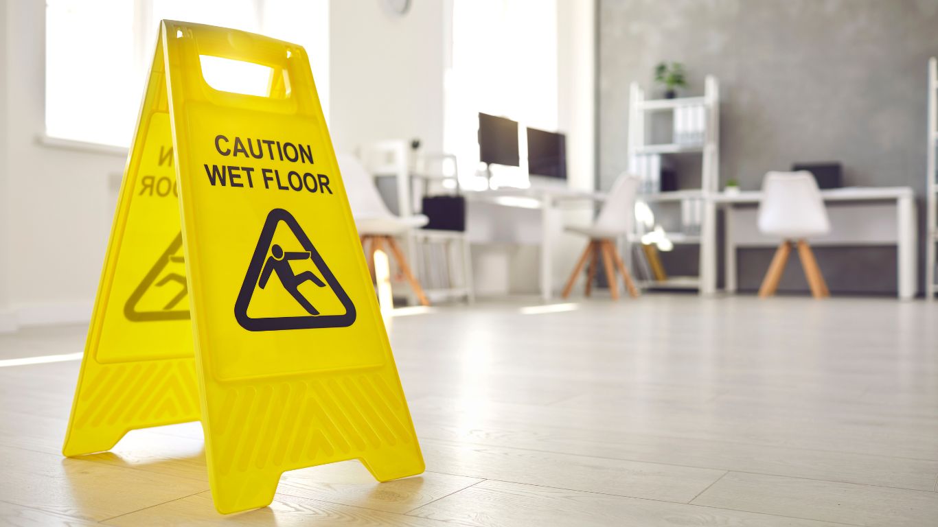 Cozy Offices All Season Thanks to Commercial Restoration Experts Caution Wet Floor sign in office, part of commercial restoration safety protocols.