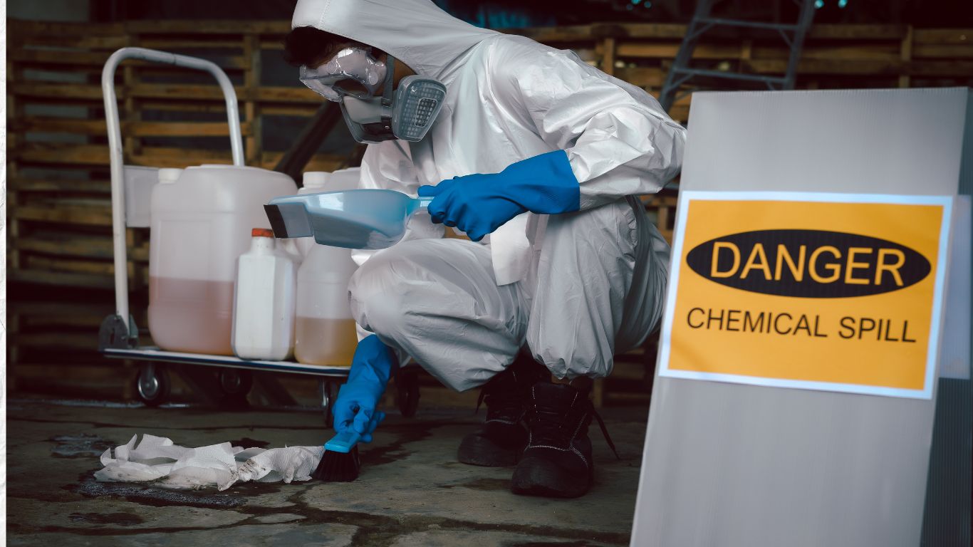 Technician in protective suit performing hazardous material cleanup of a chemical spill.