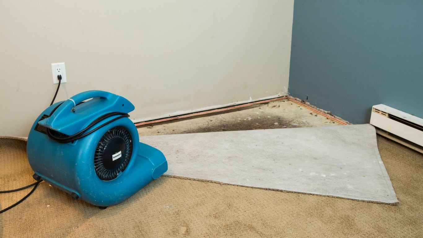 Air mover drying carpet for water damage restoration in downers.