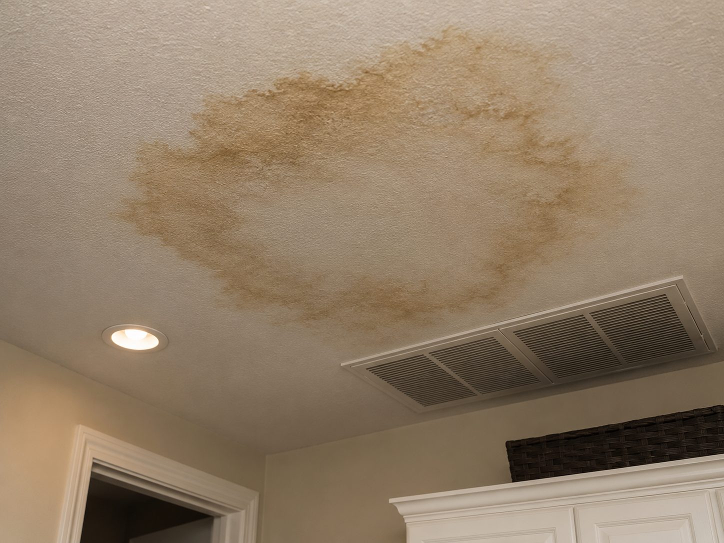 Water stain on a ceiling near an AC vent caused by a drain line leak