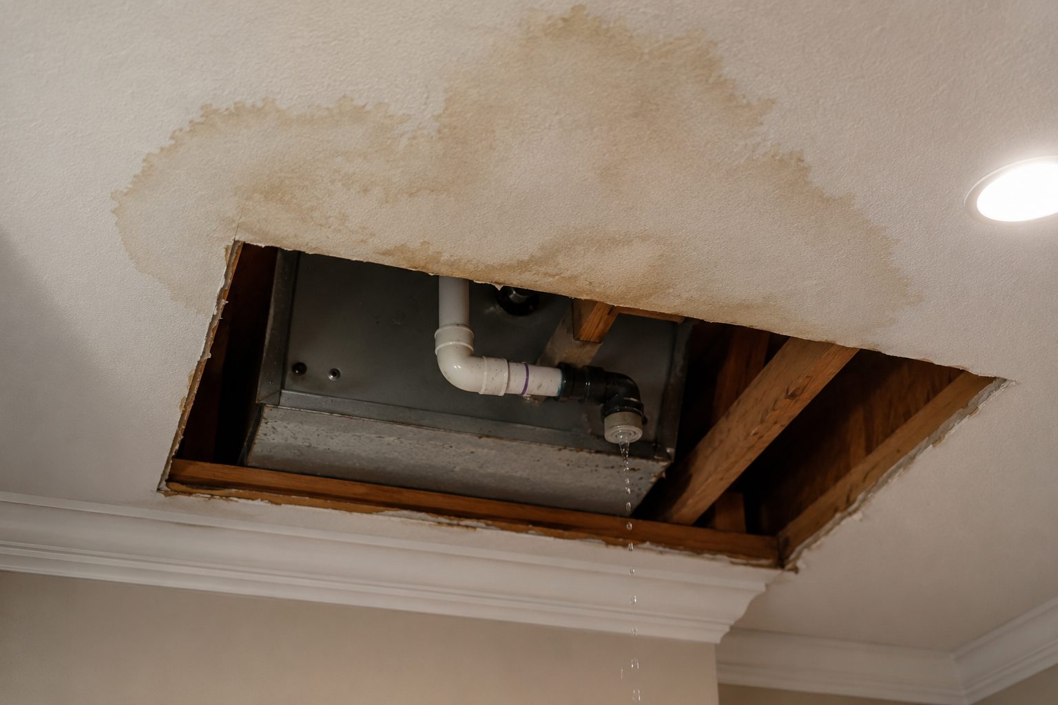 Ceiling opened below an AC air handler with water stains from a drain line leak