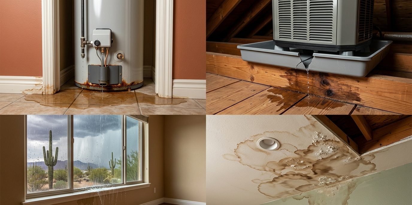 Common causes of water damage in Phoenix: water heater leaks, AC condensate overflow, monsoon rain, and roof leaks
