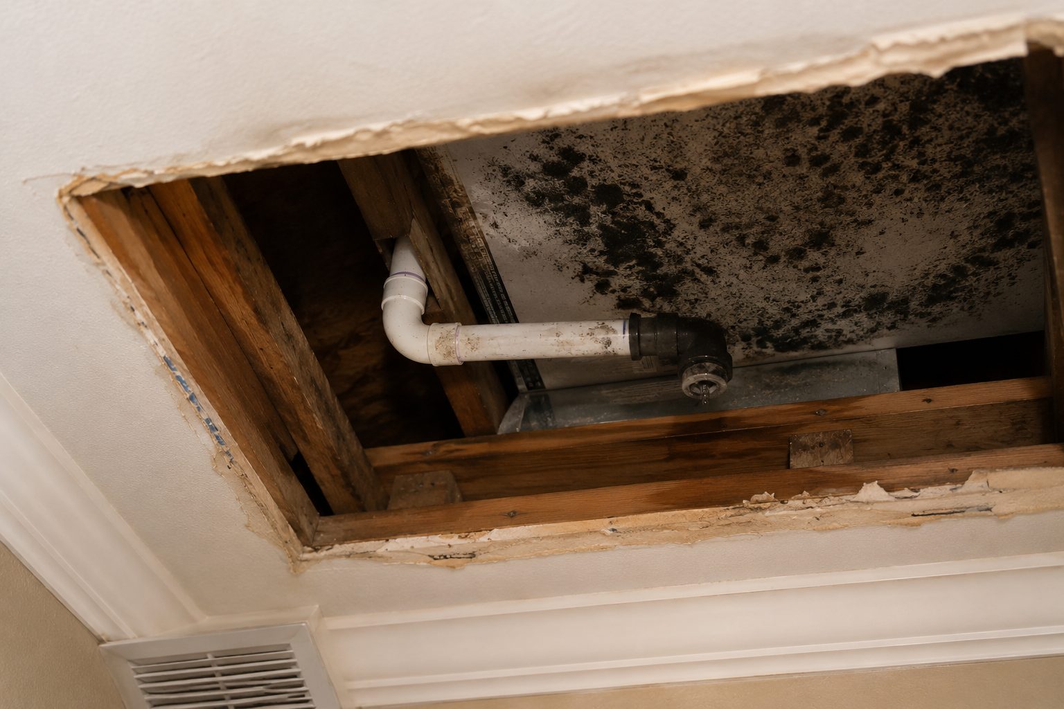 Mold growing inside a ceiling cavity around an AC condensate drain line