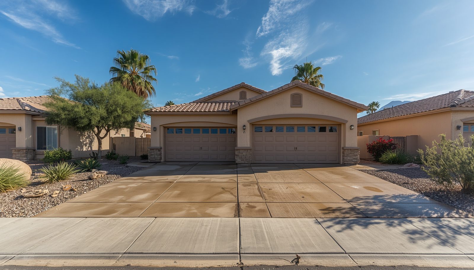 Single-story home in the Phoenix area with water on the driveway