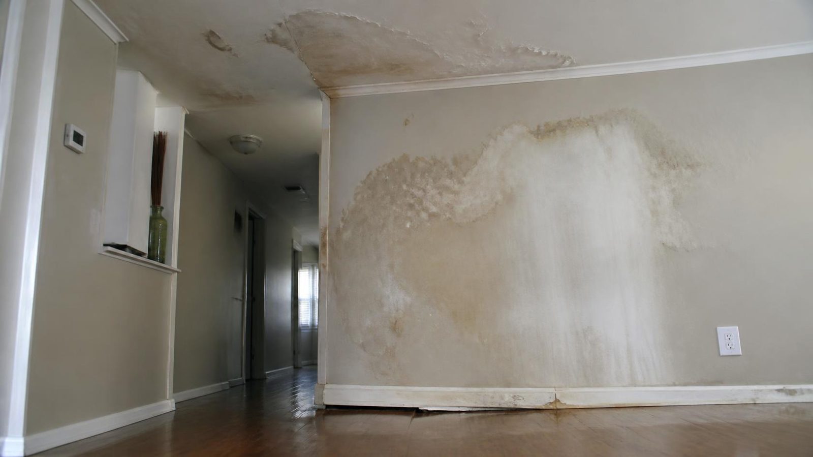 Water stains on a ceiling and wall caused by a roof leak