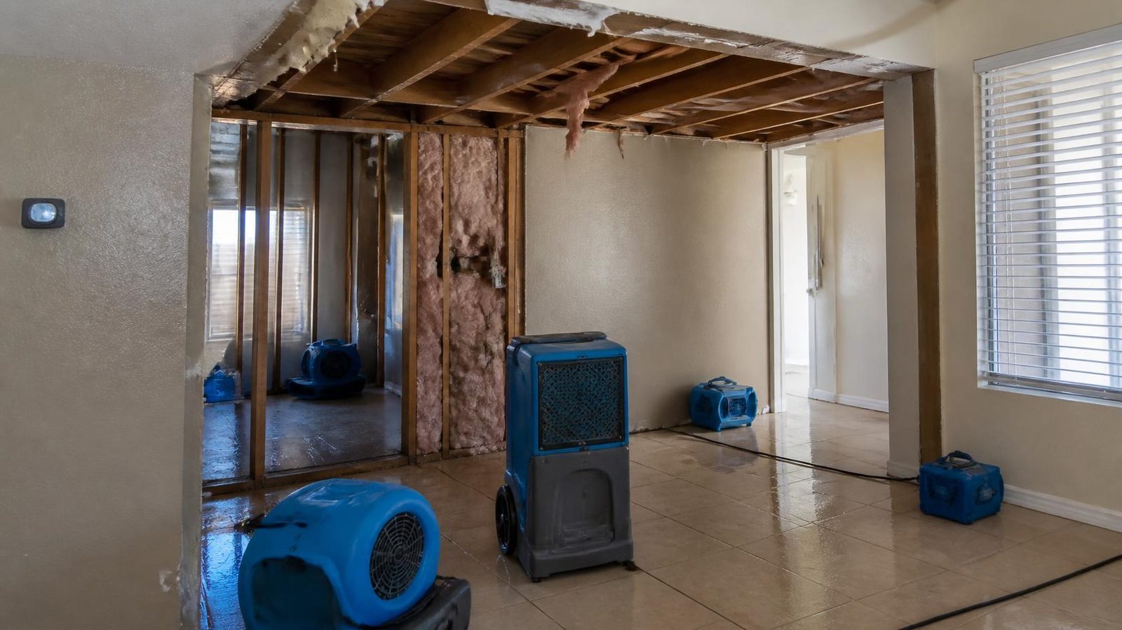 Opened ceiling with wet insulation and drying equipment after roof leak water damage