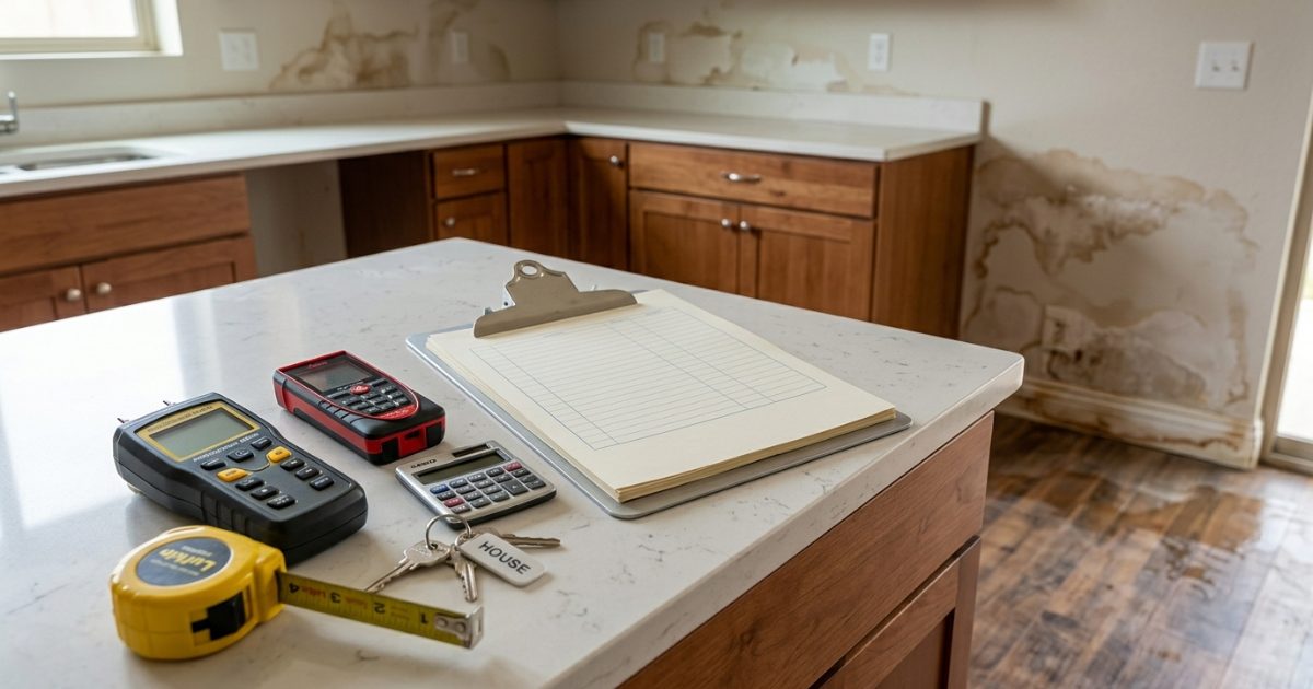 Moisture meter, tape measure, and clipboard used for a water damage repair estimate