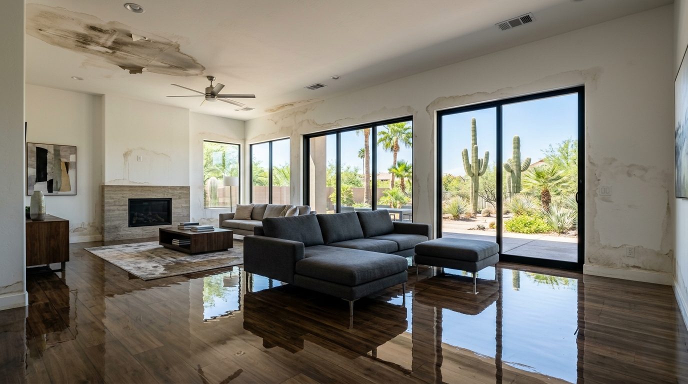 Standing water across the floor of a water-damaged Phoenix living room
