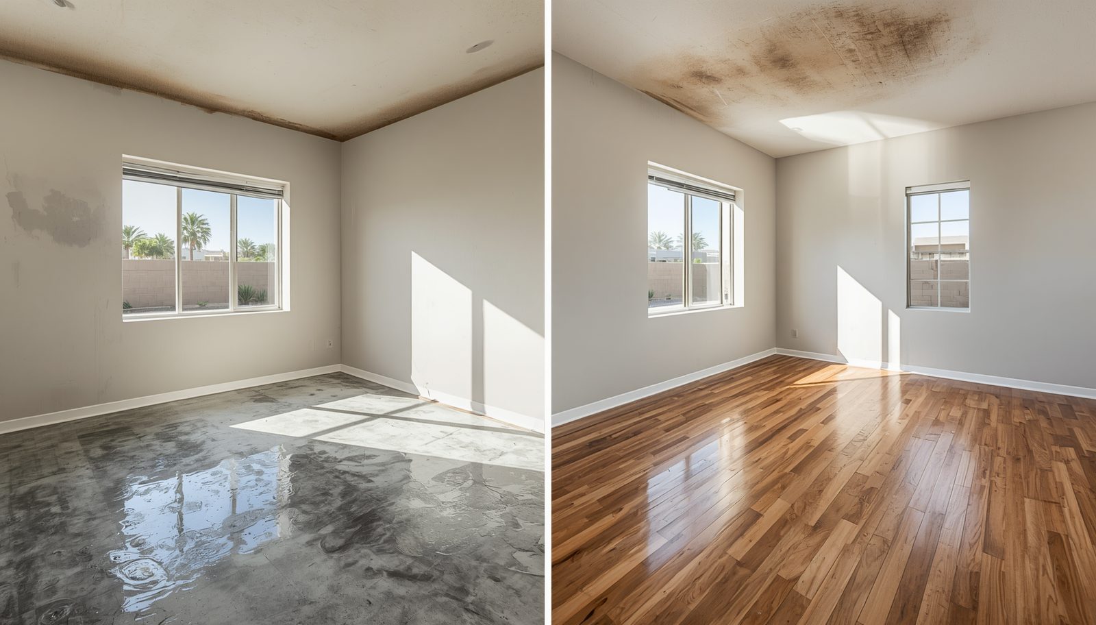 Before and after water damage restoration in a Phoenix-area home