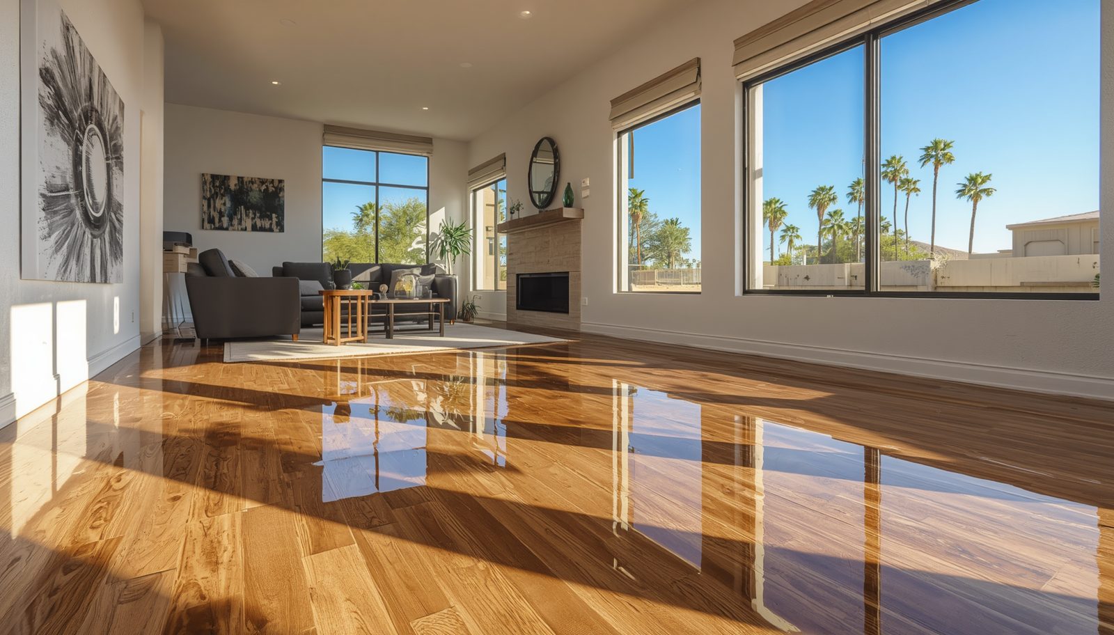 Water pooled on a hardwood floor in a sunny Phoenix-area living room