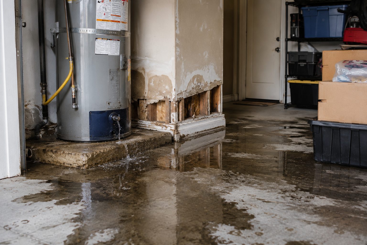 Water heater leak damaging the drywall and baseboards in a garage