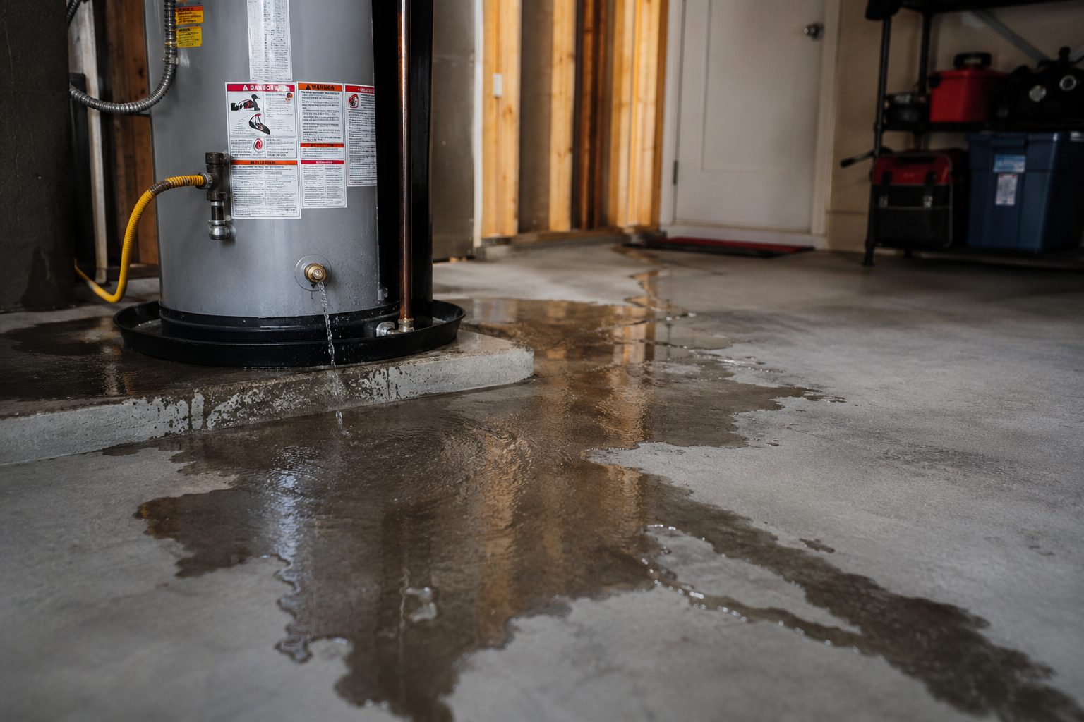 Water heater leaking onto a garage floor in a Phoenix home Water heater leaking onto a garage floor in a Phoenix home